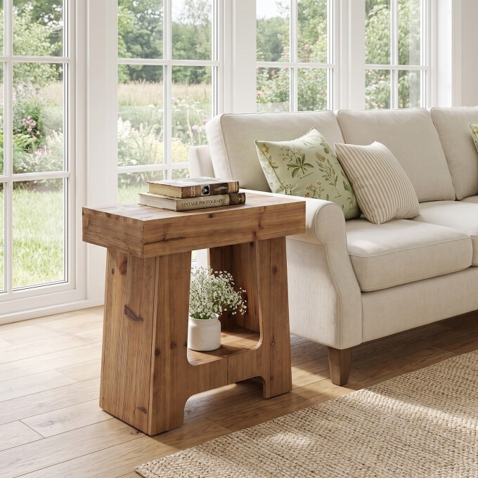 23.6" Solid Wood End Table, Narrow Bed Side Table with Storage Shelf