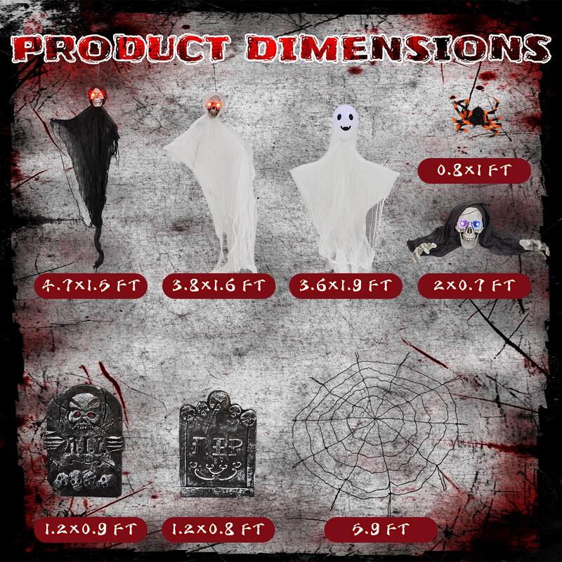 8-Piece Halloween Decorations Set with LED Eyes Ghosts Gravestones Skeleton and Giant Cobweb