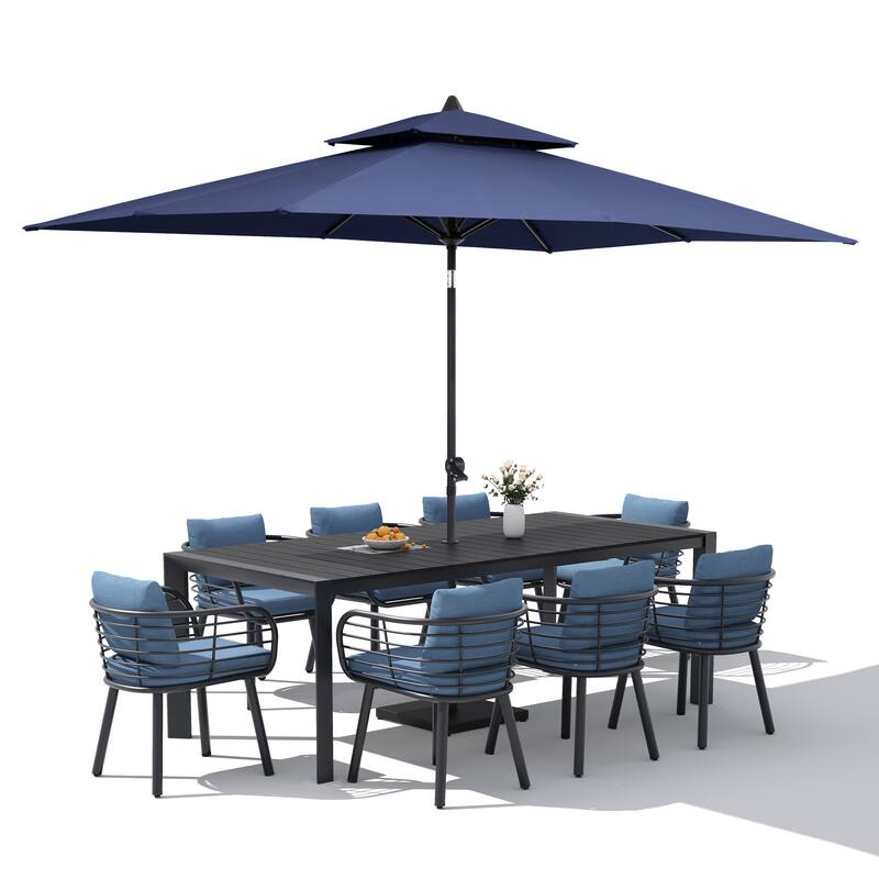 9/11-Piece Outdoor Patio Dining Set w/10 ft Umbrella and Base Aluminum Dining Table and Dining Chairs with Sunbrella Cushions