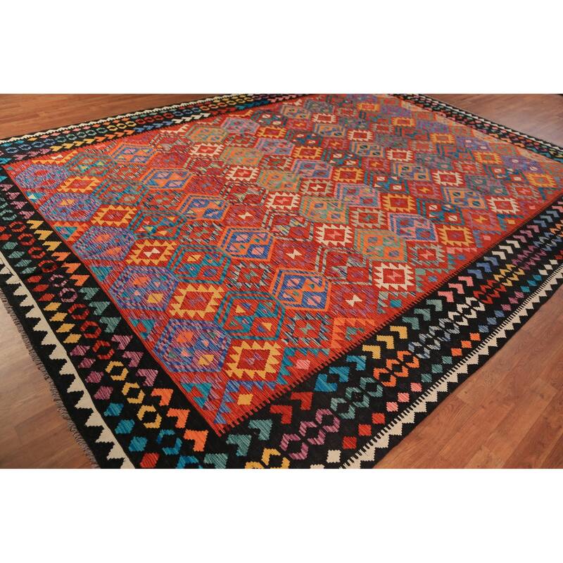 Reversible Kilim Oriental Area Rug Hand-Woven Orange Wool Carpet - 9'8"x 13'0"