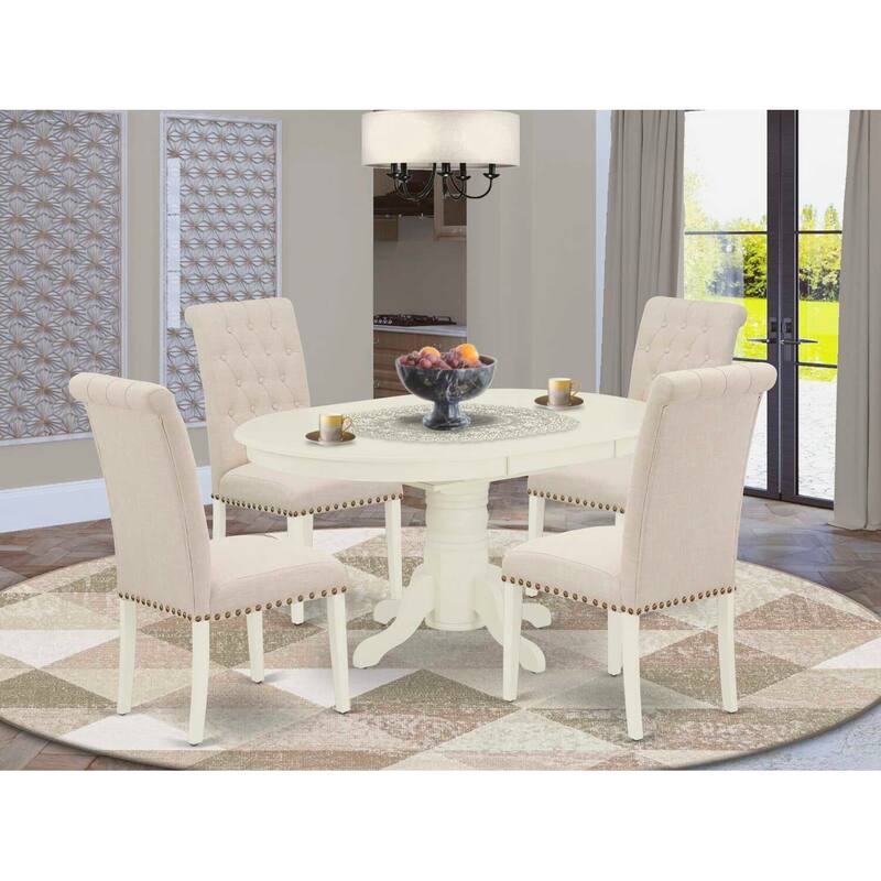 HomeStock 5-Piece Oval Linen White Finish Solid Wood Top Dining Table with 4 Parson Chair with Butterfly Leaf Lattice Back
