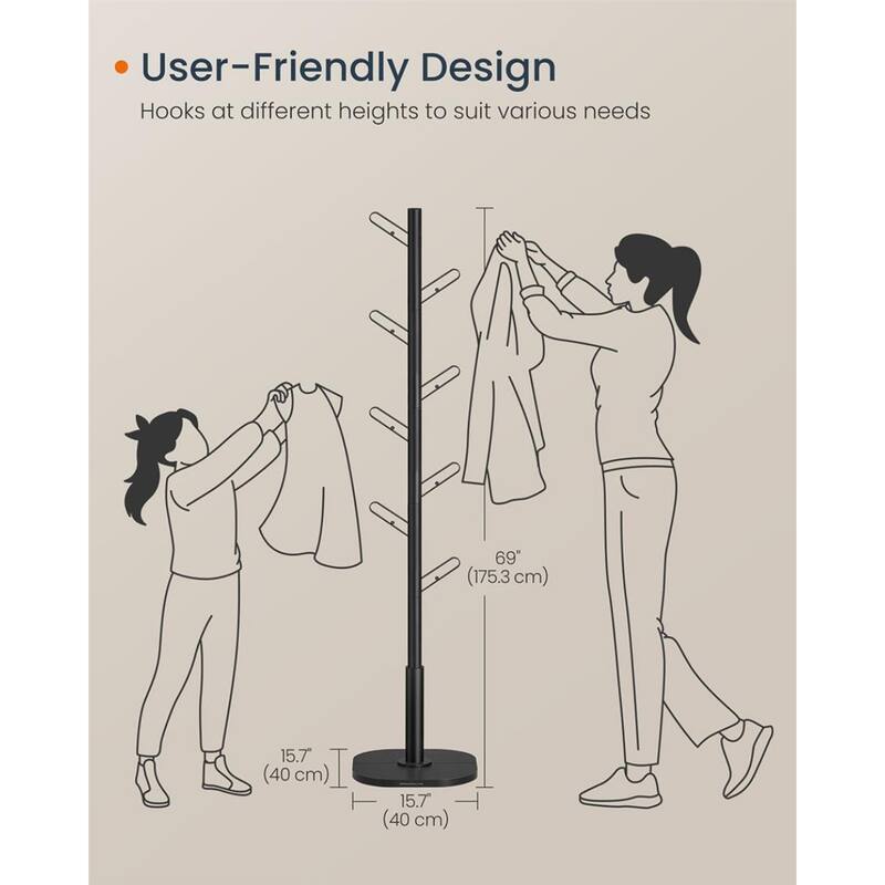 69" Tall Ink Black Metal Freestanding Coat Rack Tree with 2 Shelves and Wide Base for Daily Use - 15.7"L x 15.7"W x 69"H
