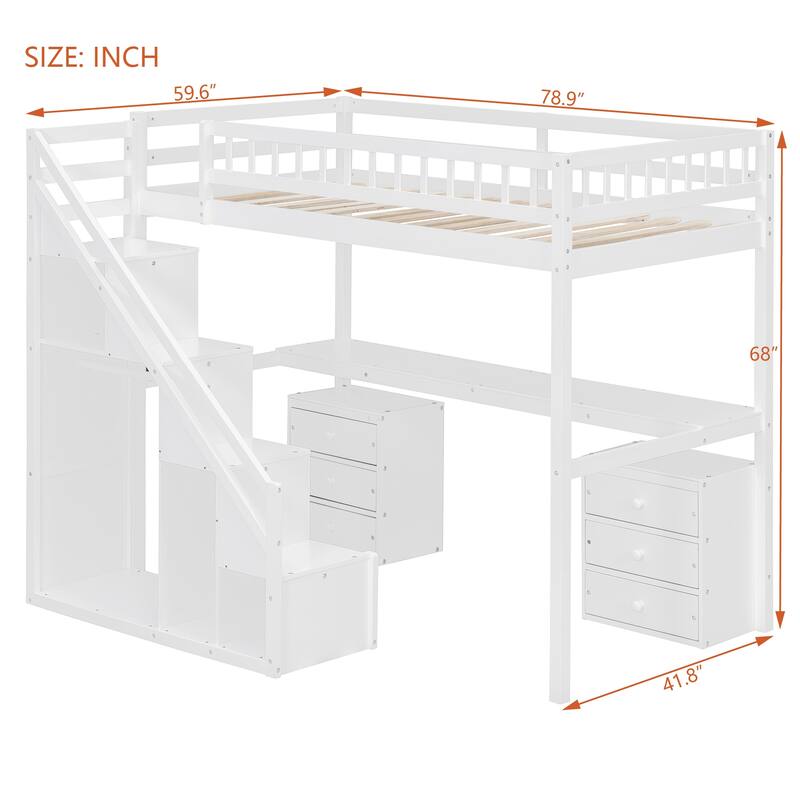 Roomfitters Twin/Full Size Loft Bed with Desk, Two Chests of Storage Drawers and Lighting