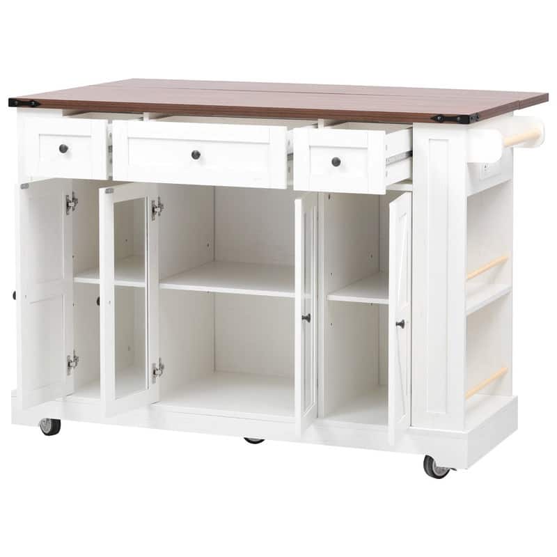 Farmhouse 53" Rolling Kitchen Cart on Wheels with Drop Leaf and Built-in Power Outlet