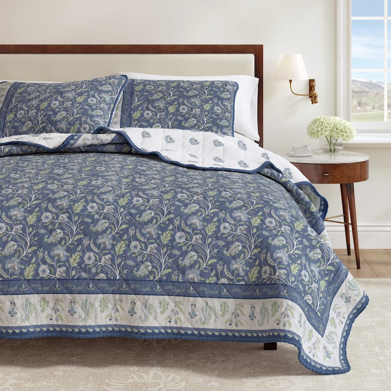 Linery & Co. Boho Floral Cotton Quilt and Sham Set - Regal Garden - Blue - Queen