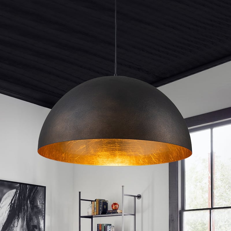 Industrial Oversized Metal Dome Pendant Light - Modern Farmhouse - 23in - Black with Sprayed Gold