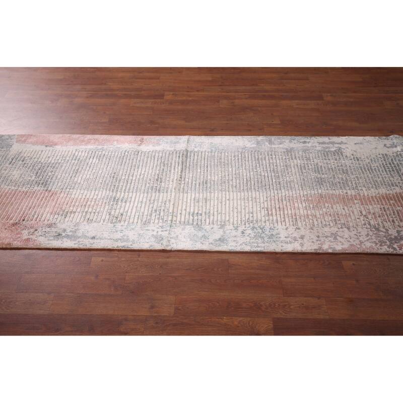 Striped Abstract Indian Runner Rug Hand-Knotted Wool Carpet - 2'7"x 9'7"