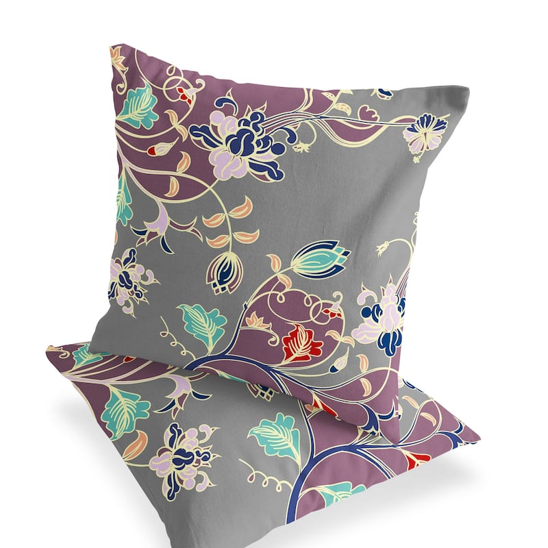 HomeRoots Set of Two 16" X 16" Gray and Purple Blown Seam Floral Indoor Outdoor Throw Pillow - 16.00' X '16.00' X '5.00