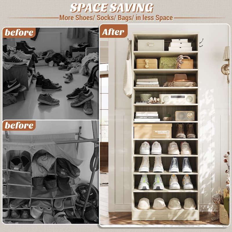 Freestanding 10-Tier Shoe Storage Cabinet,Narrow Wood Shoe Rack Shoe Organizer,Sturdy Closet Organizer Open Display Cabinet