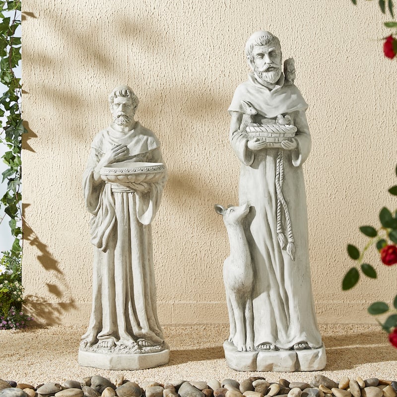 Glitzhome Vintage MgO Saint Francis Garden Statue Sculpture with Birdfeeder Feeding Animals
