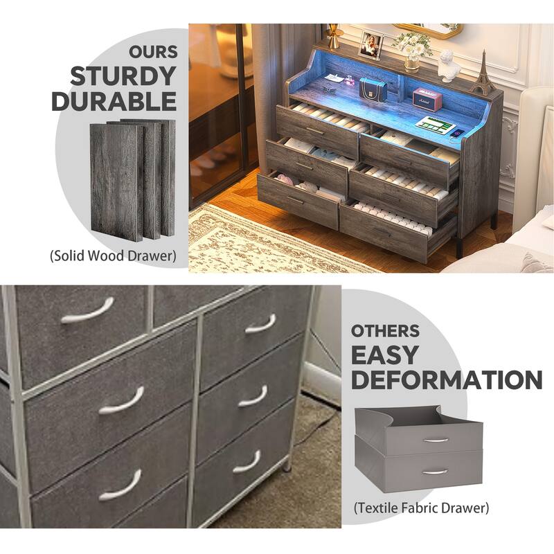 6 Drawers Dresser with Charge Station and LED Light, Closet Organizer for Bedroom