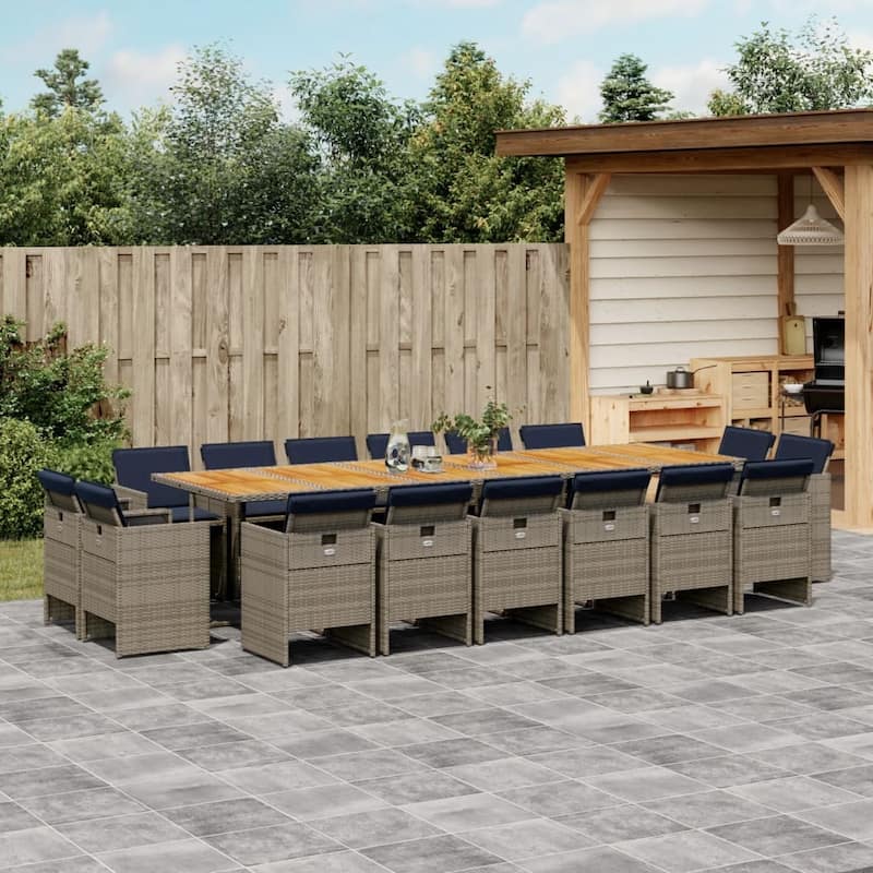 vidaXL 13/15/17 Piece Patio Dining Set with Cushions Gray Poly Rattan - Gray and brown - glass top - 129.9"