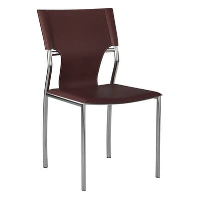 Jeb 18 Inch Modern Side Chair, Chrome Finished Base, Genuine Leather, Brown