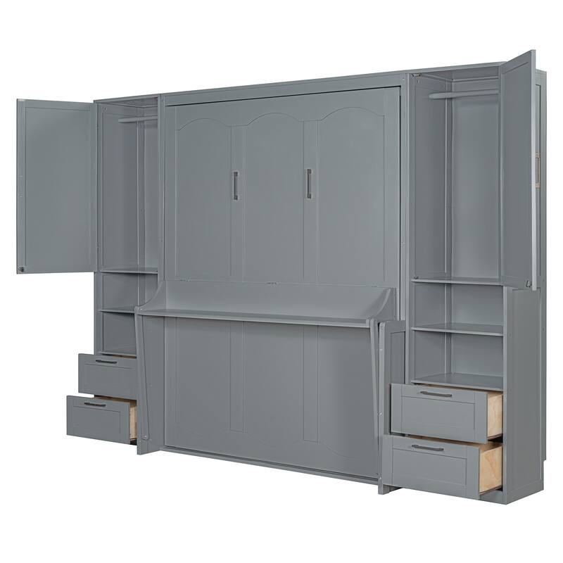 Queen Size Murphy Bed Hidden Wall Bed with Both Sides Closet Drawers and Storage Shelves, Space-Saving Versatile Murphy Bed