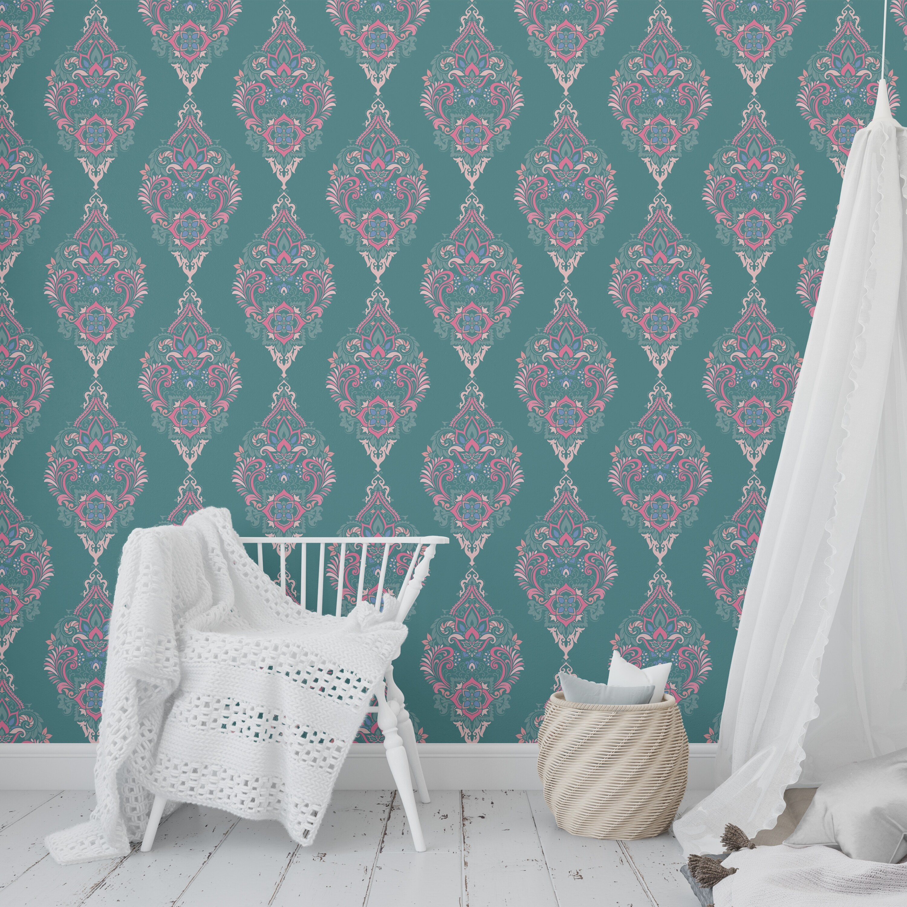 Shop Boho Damask Green Peel And Stick Wallpaper By Kavka Designs 2 X 16 On Sale Overstock 31638071