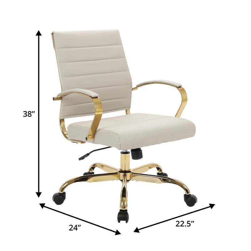 Benmar Mid-Back Leather Office Desk Chair in Gold Stainless Steel Frame Adjustable Height Tilt Lock 360 Swivel Ergonomic Chair