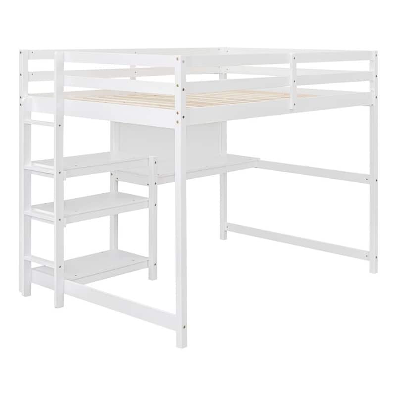 Full Size Wooden Loft Bed with Shelves, Desk and Writing Board