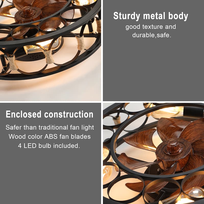 19.7 Inch Caged Ceiling Fan with Lights Remote Control, Low Profile Flush Mount Farmhouse Modern Ceiling fans - Black