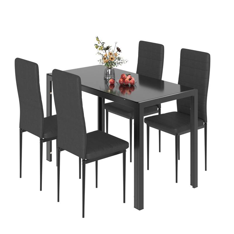 5/7-Piece Glass Top Dining Table Set, Kitchen Table and 4/6 Luxury Faux Leather Chairs, Home Furniture Rectangular Modern, Black