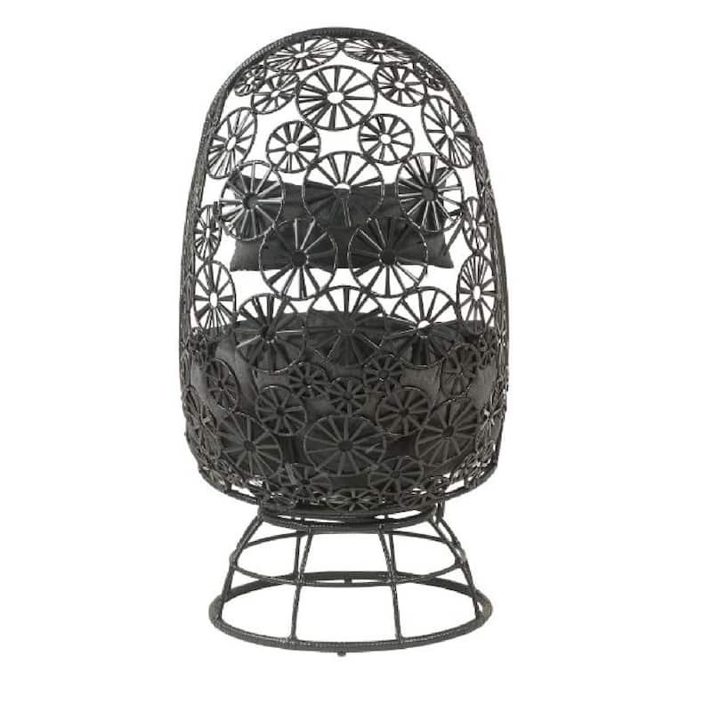 2 Piece Patio Lounge Chair with Open Circular Motifs, Black