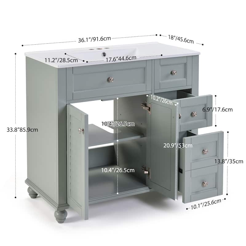 36" Bathroom Vanity with Ceramic Sink Solid Wood Frame Soft Close Drawers and Adjustable Storage Shelves