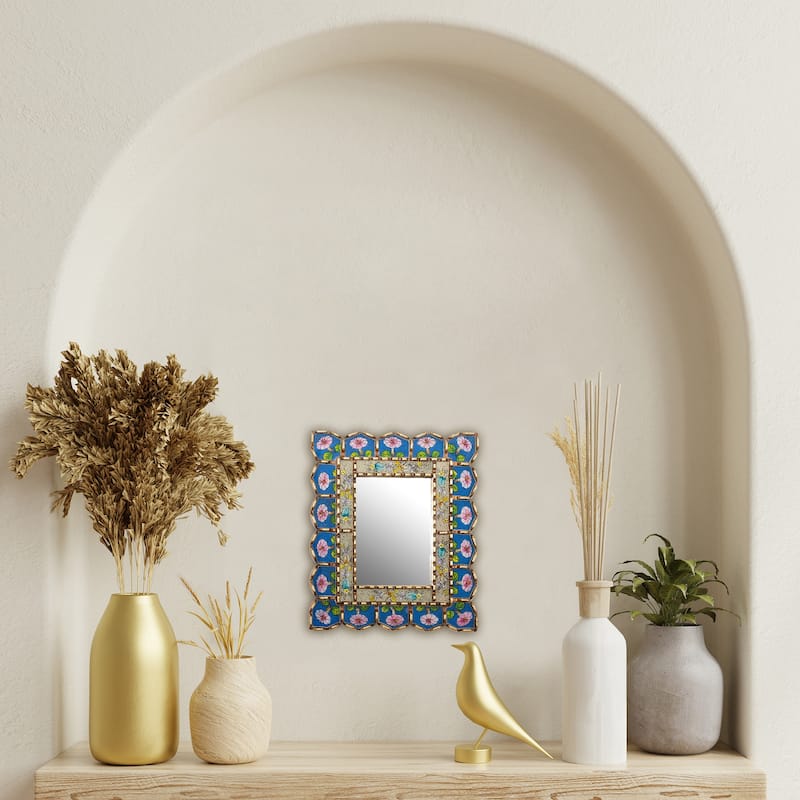 NOVICA Beautiful Arrangement Bronze Gilded Reverse-Painted Glass Wall Mirror