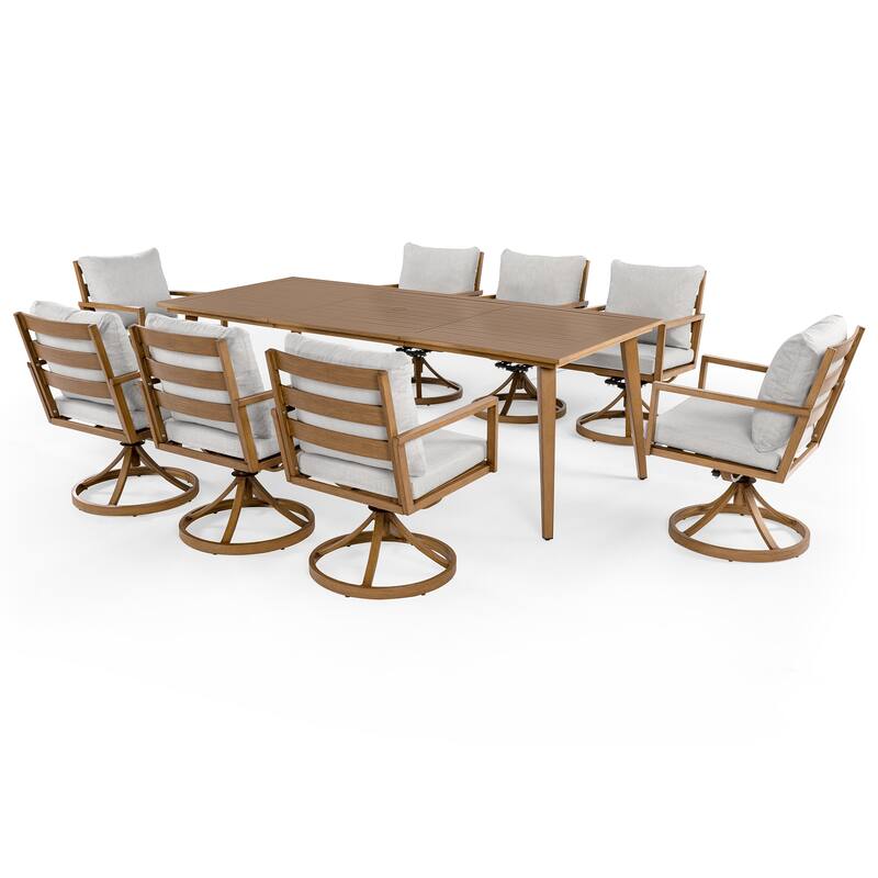 Riviera 9-Piece Brown Aluminum Patio Dining Set with Rectangular Table, 8 Swivel Dining Chairs and Light Gray Cushions