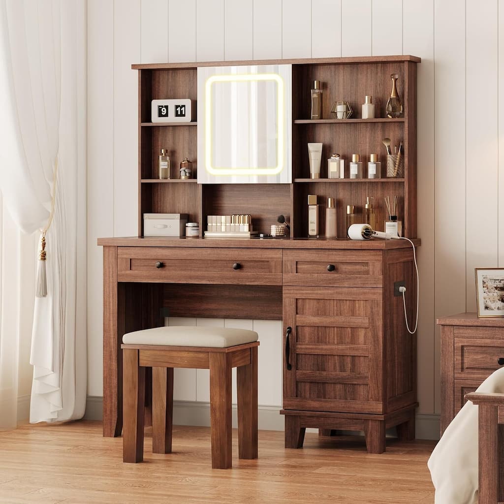 Farmhouse Makeup Vanity Desk with Stool, Mirror and Lights & Power Outlet