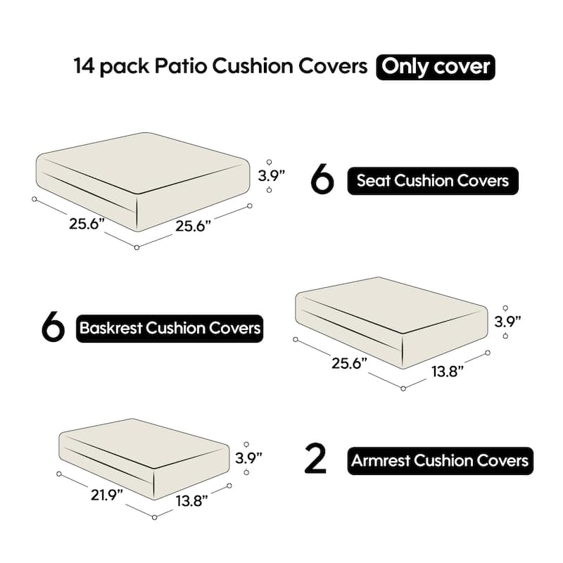 Polyester 14-Piece Outdoor Rattan Cushion Covers Set with Zipper - 25.6L x 25.6W x 3.9H inch