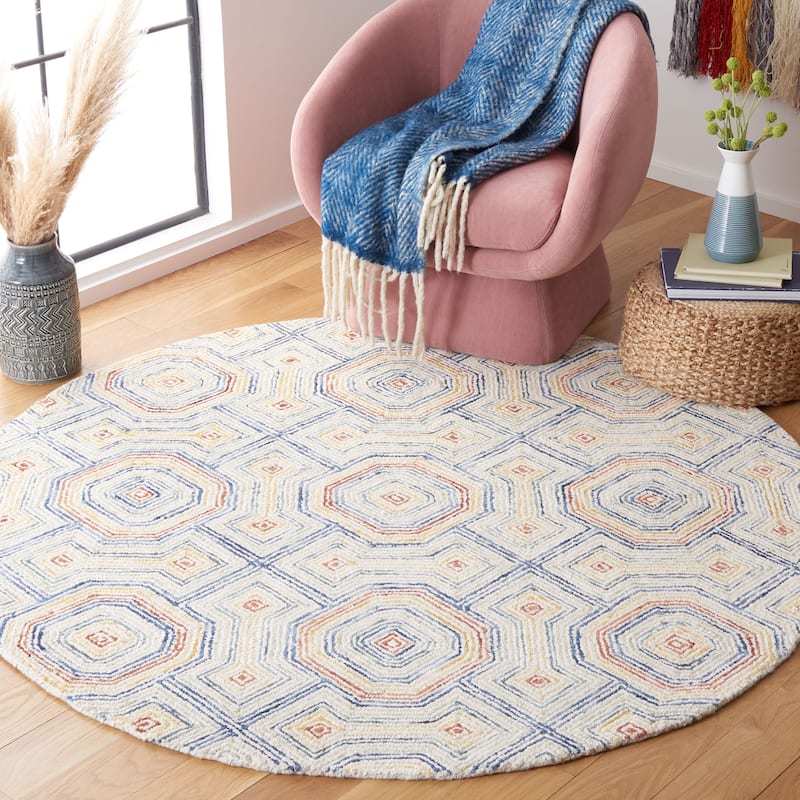 SAFAVIEH, Handmade Aspen Eudoxie Bohemian & Eclectic Tribal Wool - 6' x 6' Round - Ivory/Blue - Round