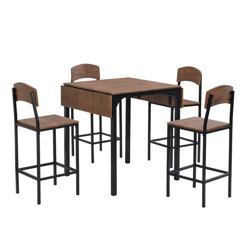Metal Frame Kitchen Set Drop Leaf Dining Table Set with 4 Chairs