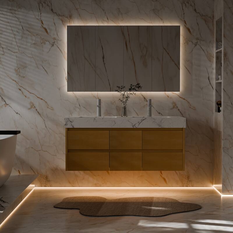 Modland 48" Wall-Mount Double Vanity with LED Lights & 6 Soft-Close Drawers - Engineered Stone Top, Maple Finish - 48 inch