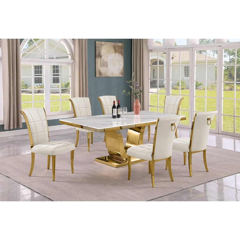 Best Quality Furniture D321-SC324-7 Dining Set with 78" White Marble Top - 7-Piece - Cream / Gold