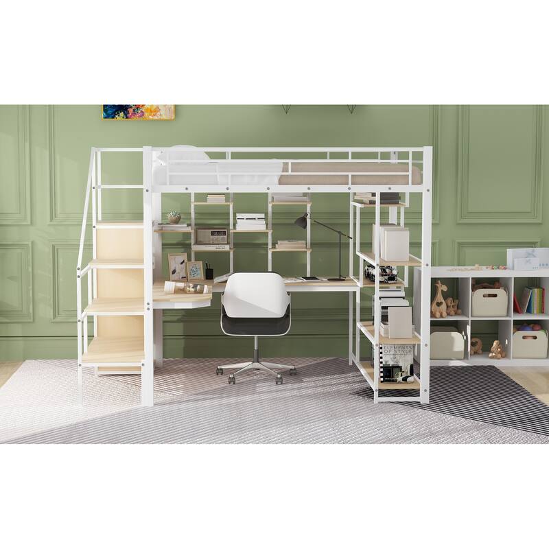 Full Size Metal Loft Bed with Storage Staircase and Small Wardrobe, Built-in Desk and Storage Shelves