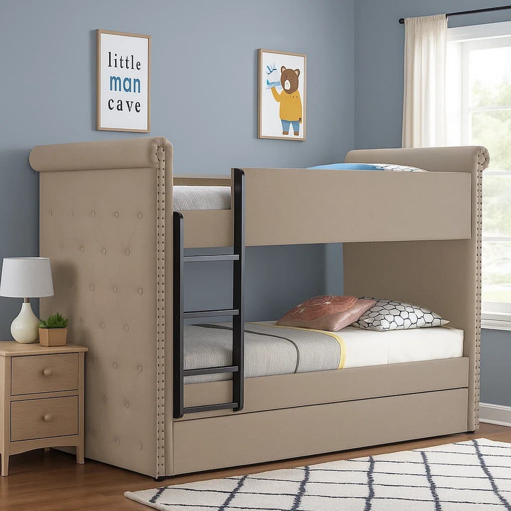 Chesterfield Design Twin Size Bunk Bed with Nailhead Trim, Beige and Black
