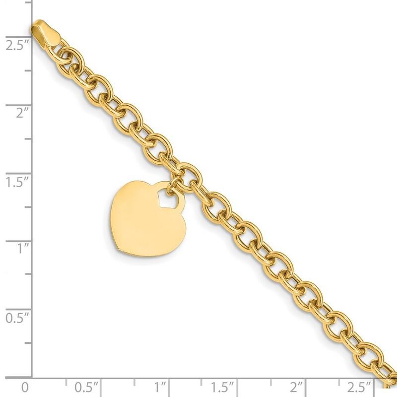 Curata 10k Yellow Gold 7.25" 15mm Heart Charm Hollow Bracelet