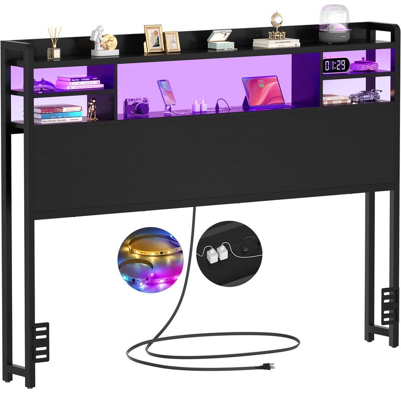 Storage Headboard with USB Port and Power Outlet, Head Board with LED Light for Bed Frame