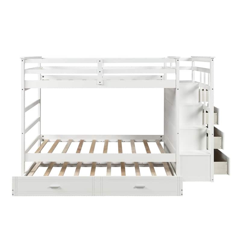 Hardwood Twin Over Twin Bunk Bed with Trundle and Staircase,Solid Wood Bunk Bed
