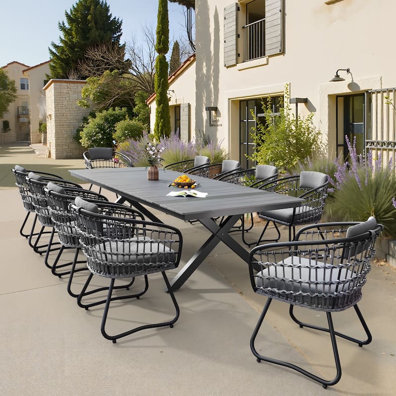 VredHom 11PC Outdoor Patio Aluminum X-Frame Dining Set Table with Rattan Chairs Umbrella Hole