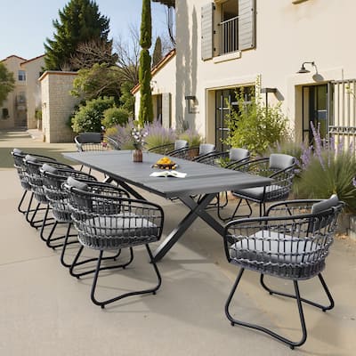 VredHom 11PC Outdoor Patio Aluminum X-Frame Dining Set Table with Rattan Chairs Umbrella Hole