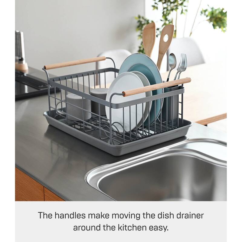 Yamazaki Home Dish Rack, Steel and Wood, Holds 22 lbs - L 13.19 x W 18.5 x H 7.87 inches