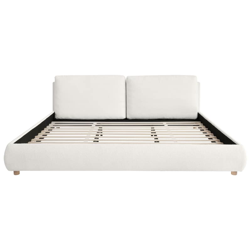 King Size Upholstered Platform Bed with Removable Pillow Headboard, Boucle Fabric, White