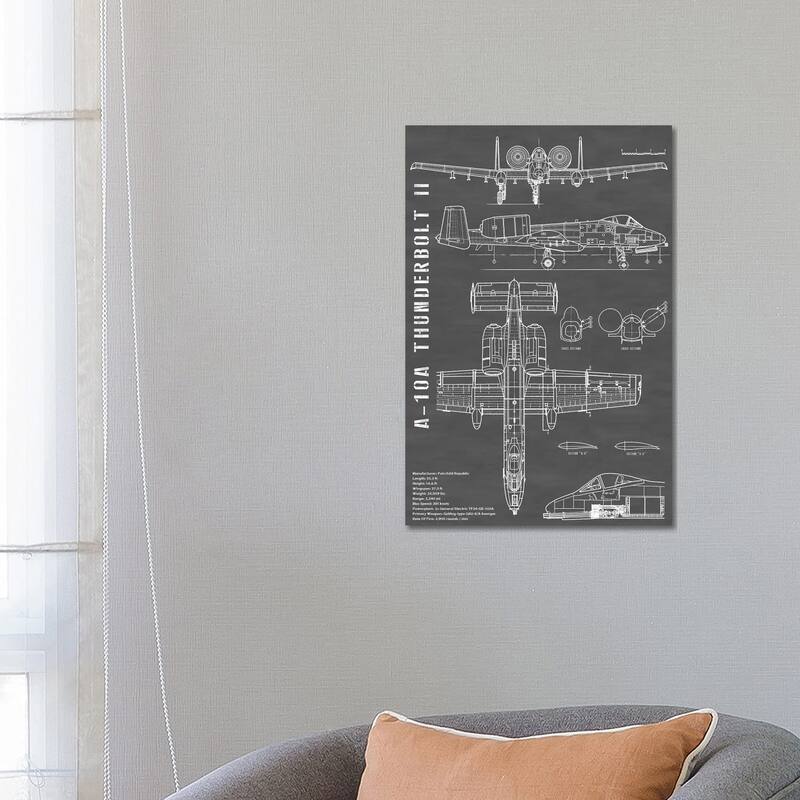 iCanvas "A-10 Thunderbolt II (Warthog) Airplane In Black - Portrait" by Action Blueprints Canvas Print - 26x18x1.5