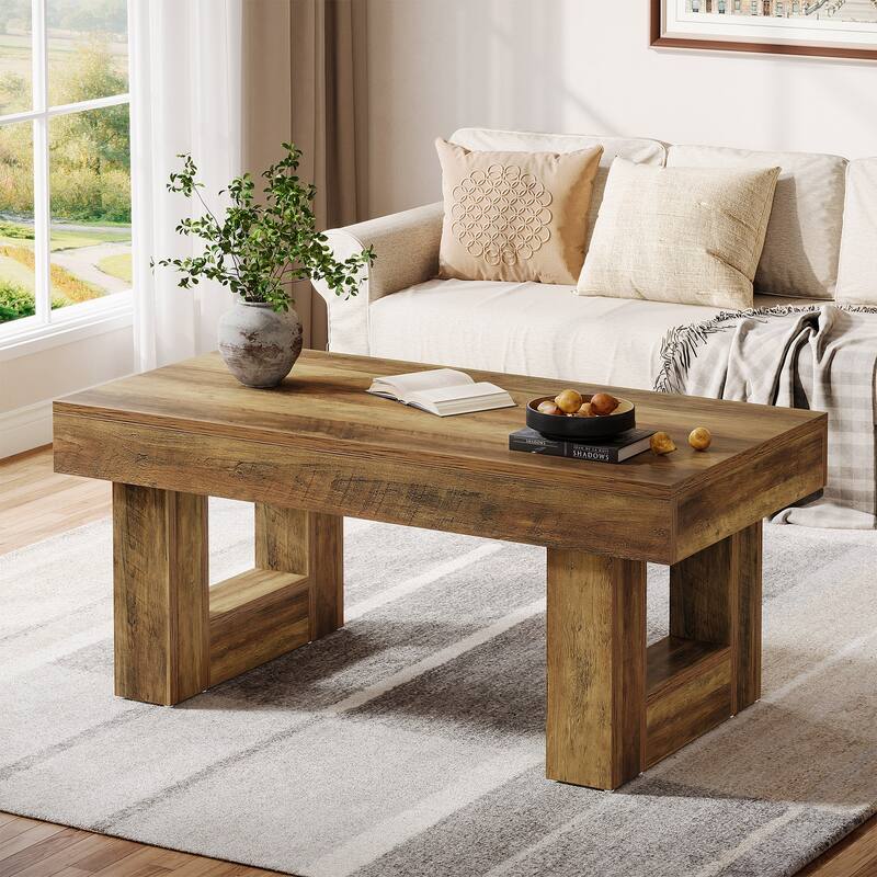 47-Inch Rectangular Center Table with Thick Wooden Base for Living Room, Brown - Large - Brown