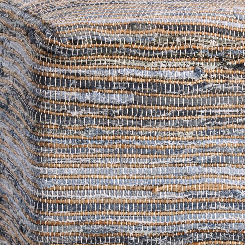 Frisco Hand Woven Square Pouf, Recycled Denim and Natural Jute