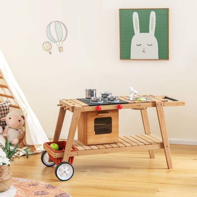 Brown-White-Navy Wooden Kids Play Cook Cart with Umbrella and Storage - 45" x 19" x 23"