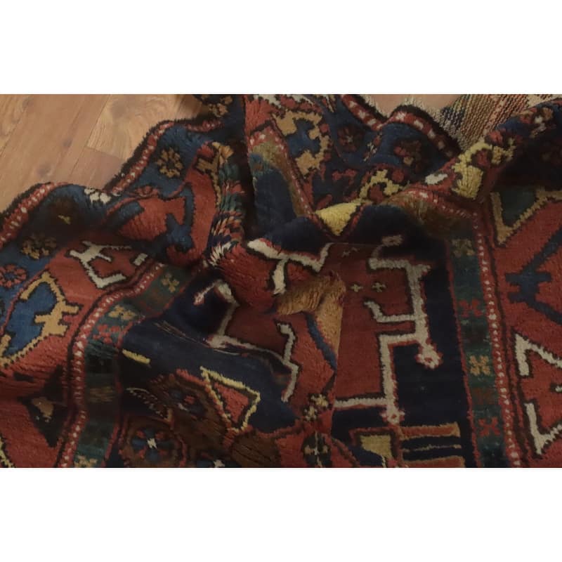 Hand Knotted Oriental 100% Wool Carpet Traditional Geometric Navy Blue & Blues Heriz (serapi) Runner Rug - 11' 0'' X 2' 11''