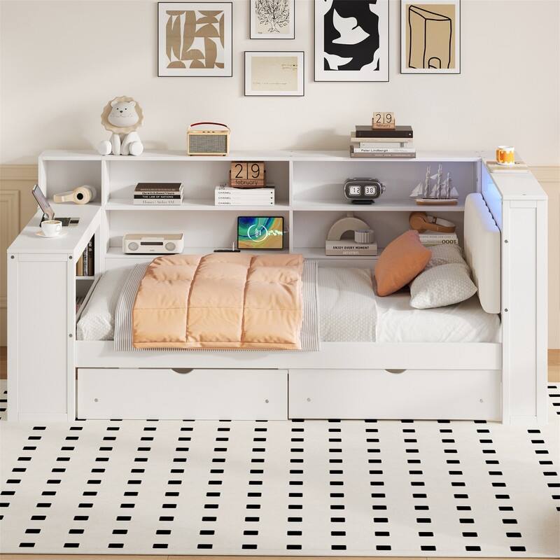 Twin/Full Size Daybed with LED Light, Side Desk and 2 Drawers, Wooden Sofa Bed with Storage Shelves and Upholstered Headboard