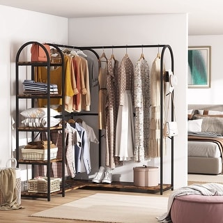 L Shaped Corner Garment Rack Clothing Rack with Storage Shelves and Side Hooks
