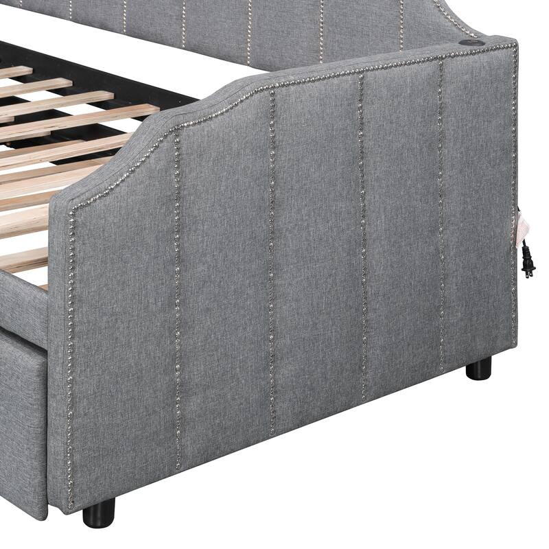 Twin Size Upholstered Daybed with Pop-Up Trundle & USB Charging Ports